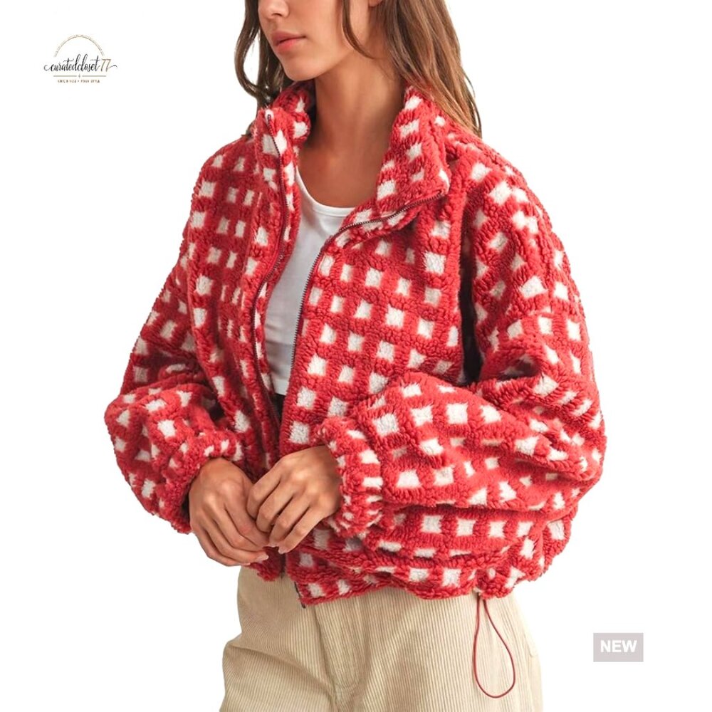 Cropped Sherpa Jacket Plaid Fleece Zip Up Casual Long Sleeve with Pockets - Picture 1 of 7